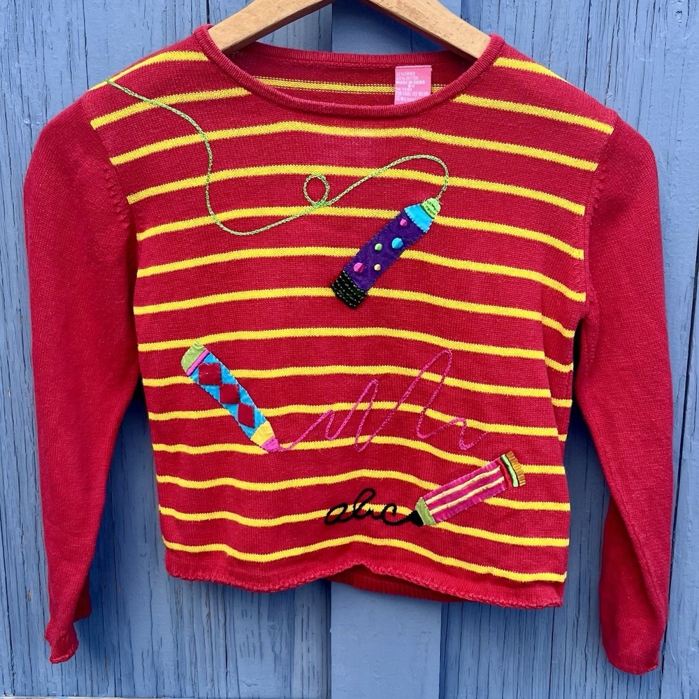 Michael Simon Kids 6X Pullover Sweater School Crayons Embellished‎ Vintage